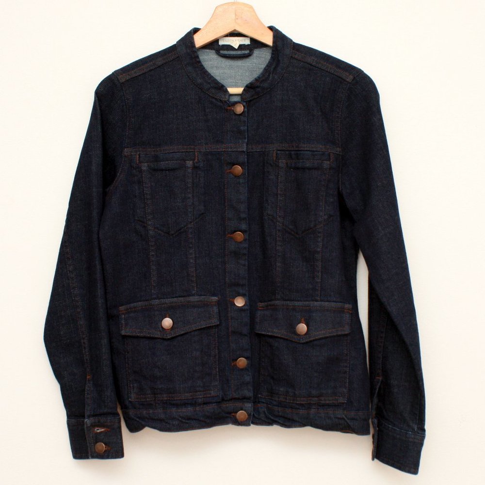 Eileen Fisher Women's LS Denim jacket Petite PM Mandarin Collar